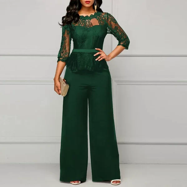 Macacão feminino meia manga de renda oco, elegante de festa,  do escritório, de pernas largas, monocromático, o pescoço, sexy, primavera, outono. - Image 8
