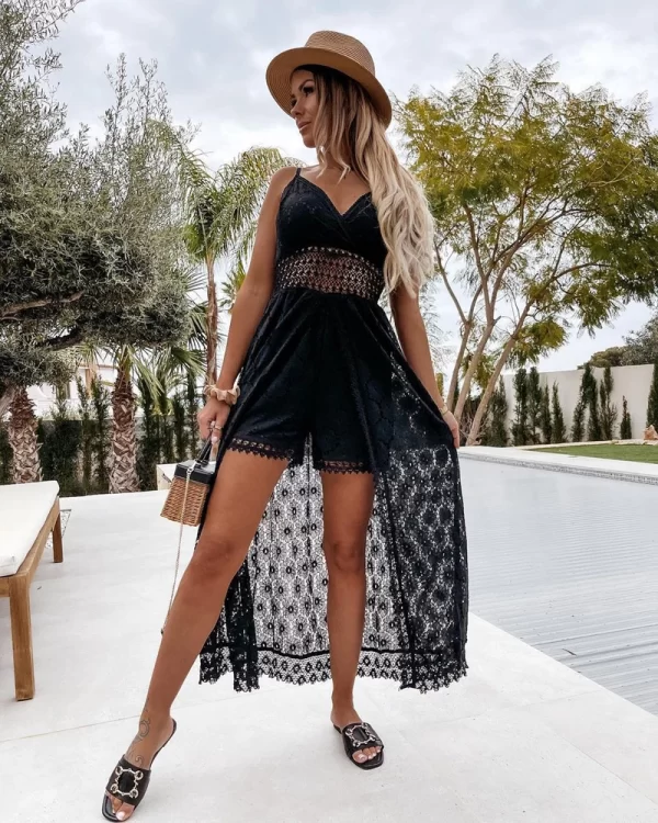 Macacão de sling sem mangas oco feminino,  de cintura alta,  branco casual, gola V, monocromático, branco, roupa de festa, verão. - Image 4