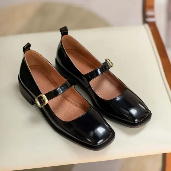 Sapato de couro genuíno feminino, Krazing pot- dedo do pé quadrado, salto baixo, de primavera, fivela cinta, mary janes, l3f4. - Image 5