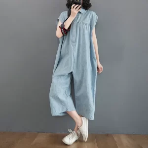 Macacão feminino algodão de linho jacquard, vintage, pernas largas, calças estilo coréia, moda verão, solto.