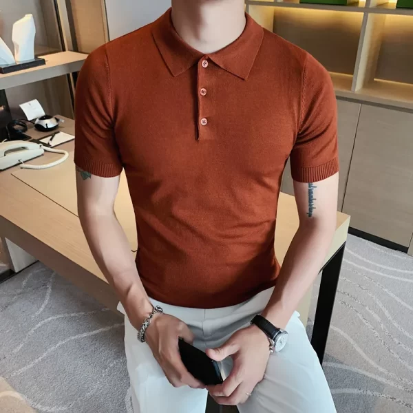 Camiseta polo masculina,  de malha de seda gelo, manga curta, tops slim fit, gola virada para baixo, roupa de luxo coreana, camiseta verão - Image 7