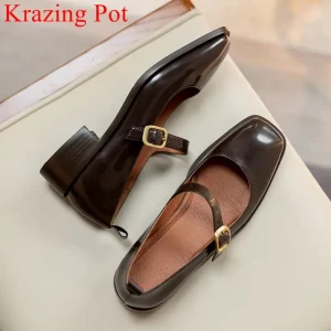 Sapato de couro genuíno feminino, Krazing pot- dedo do pé quadrado, salto baixo, de primavera, fivela cinta, mary janes, l3f4.