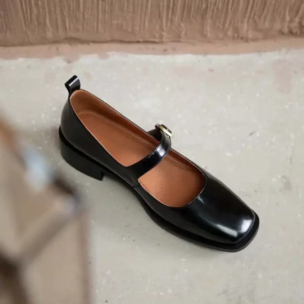 Sapato de couro genuíno feminino, Krazing pot- dedo do pé quadrado, salto baixo, de primavera, fivela cinta, mary janes, l3f4. - Image 2