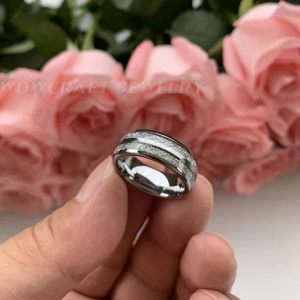 Anel unissex, Domed Meteorite Inlay Wedding Band, Anel de dedo do carboneto de tungstênio, Comfort Fit. - Image 3