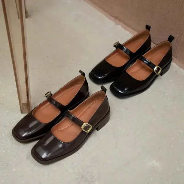 Sapato de couro genuíno feminino, Krazing pot- dedo do pé quadrado, salto baixo, de primavera, fivela cinta, mary janes, l3f4. - Image 3