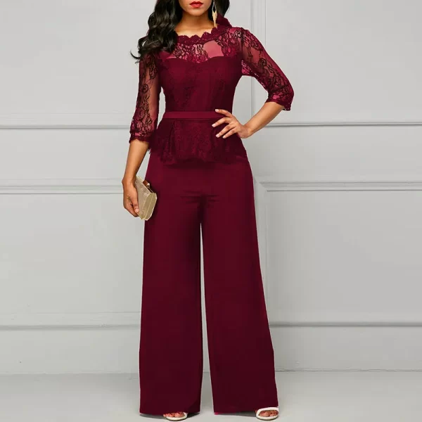 Macacão feminino meia manga de renda oco, elegante de festa,  do escritório, de pernas largas, monocromático, o pescoço, sexy, primavera, outono. - Image 3