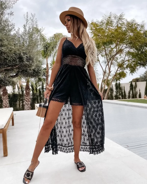Macacão de sling sem mangas oco feminino,  de cintura alta,  branco casual, gola V, monocromático, branco, roupa de festa, verão. - Image 8