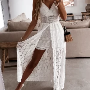 Macacão de sling sem mangas oco feminino,  de cintura alta,  branco casual, gola V, monocromático, branco, roupa de festa, verão.