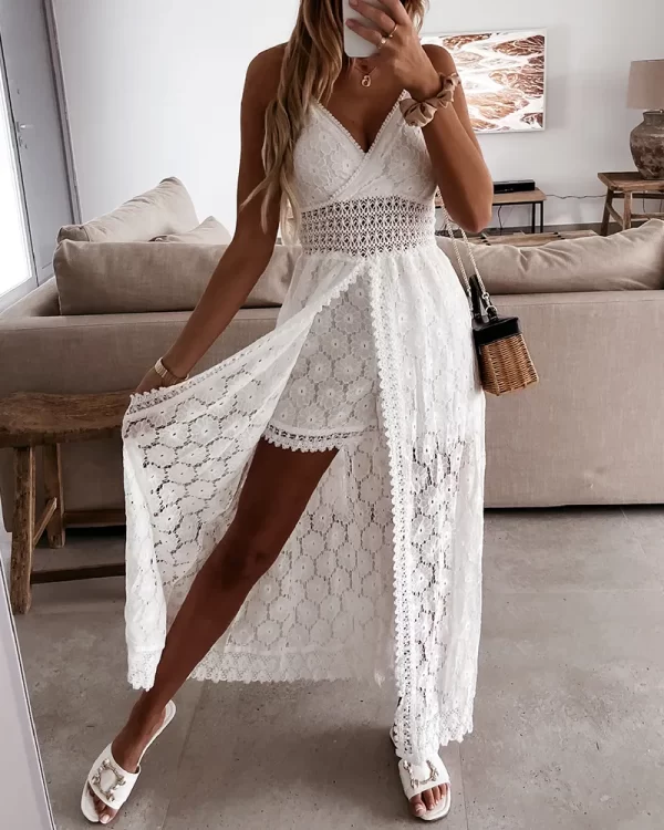 Macacão de sling sem mangas oco feminino,  de cintura alta,  branco casual, gola V, monocromático, branco, roupa de festa, verão.