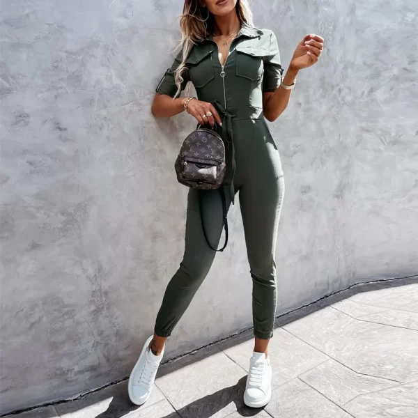 Macacão elegante feminino, verão moda casual, bolso zíper, carga calças tie-up cintura manga curta playsuits. - Image 3