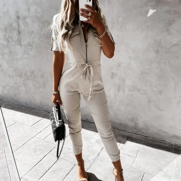 Macacão elegante feminino, verão moda casual, bolso zíper, carga calças tie-up cintura manga curta playsuits. - Image 2
