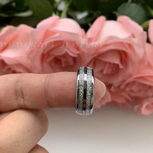 Anel unissex, Domed Meteorite Inlay Wedding Band, Anel de dedo do carboneto de tungstênio, Comfort Fit. - Image 4