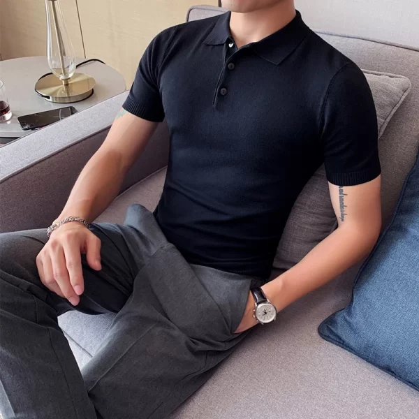 Camiseta polo masculina,  de malha de seda gelo, manga curta, tops slim fit, gola virada para baixo, roupa de luxo coreana, camiseta verão - Image 2