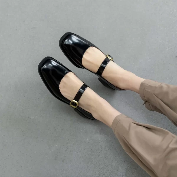 Sapato de couro genuíno feminino, Krazing pot- dedo do pé quadrado, salto baixo, de primavera, fivela cinta, mary janes, l3f4. - Image 8