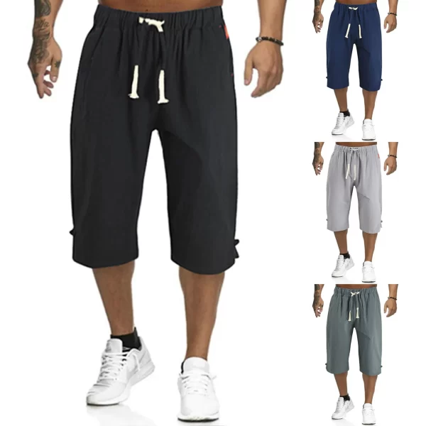 Bermuda masculina de algodão e linho, compridas casuais, moda praia, verão.