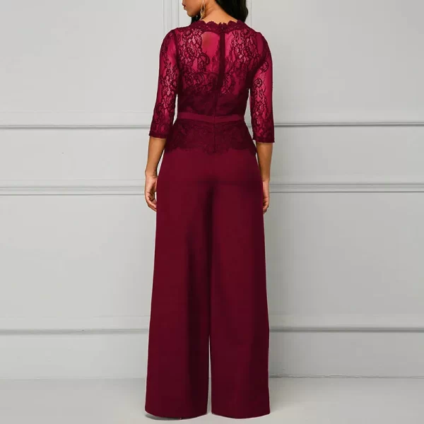 Macacão feminino meia manga de renda oco, elegante de festa,  do escritório, de pernas largas, monocromático, o pescoço, sexy, primavera, outono. - Image 4