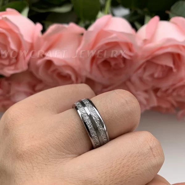 Anel unissex, Domed Meteorite Inlay Wedding Band, Anel de dedo do carboneto de tungstênio, Comfort Fit. - Image 6