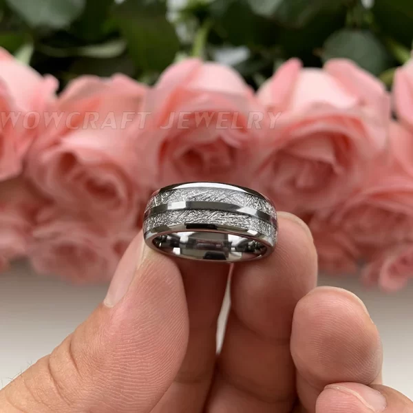 Anel unissex, Domed Meteorite Inlay Wedding Band, Anel de dedo do carboneto de tungstênio, Comfort Fit. - Image 5
