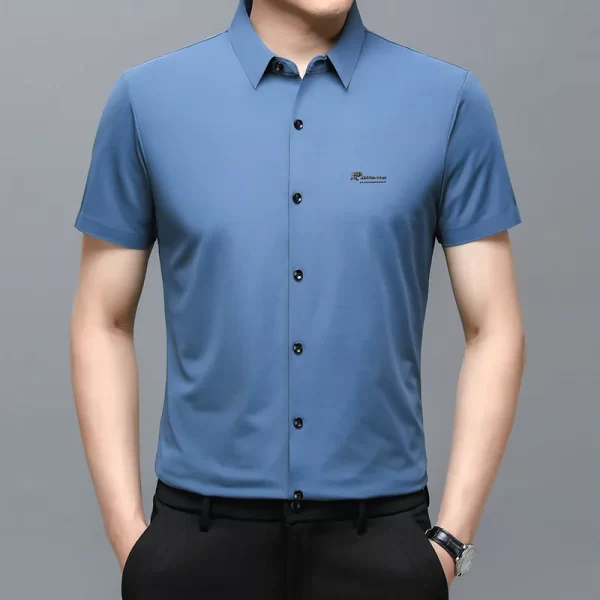 Camisa masculina, manga curta,  gola virada para baixo, tops soltos, sem engomar, sem costura, respirável, negócio, casual, high-end, moda. - Image 5