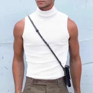 Camiseta regata masculina, Colete de gola alta vintage com nervuras, tops finos sem mangas, casuais, monocromáticas, primavera, verão