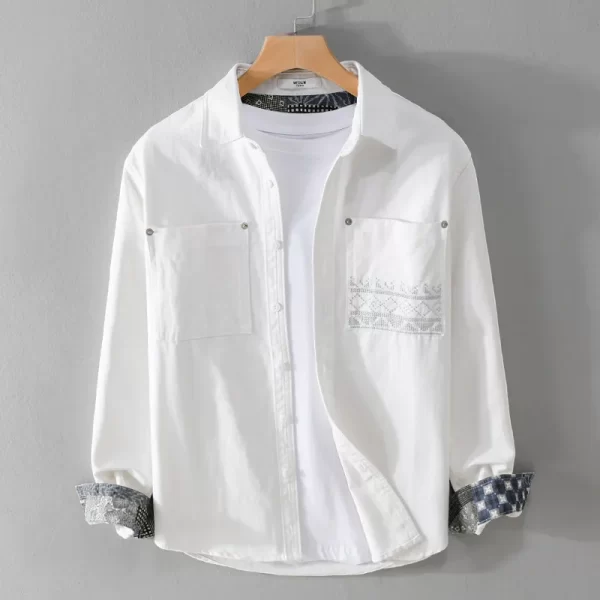 Camisa masculina, manga longa, retrô estampadas em patchwork, bolso, 100% algodão, casuais de negócios, soltas, tops novos de moda, primavera e verão. - Image 3