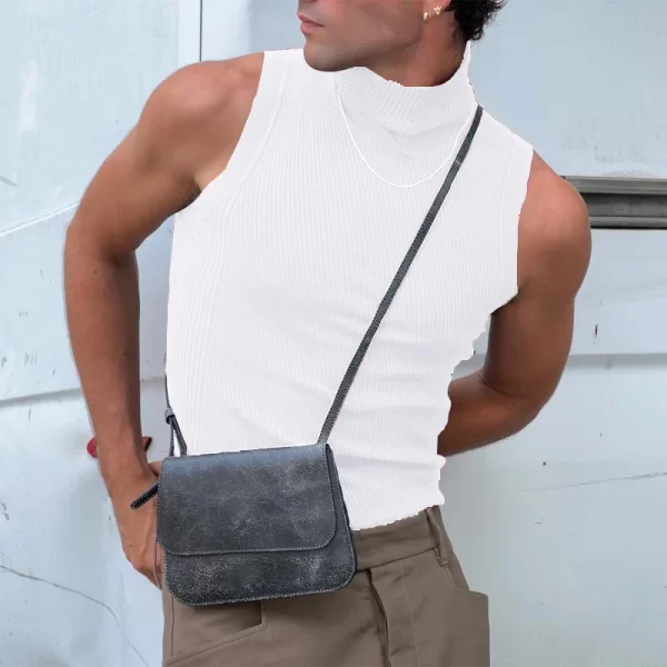 Camiseta regata masculina, Colete de gola alta vintage com nervuras, tops finos sem mangas, casuais, monocromáticas, primavera, verão - Image 2
