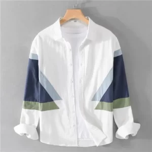 Camisa masculina, manga longa, casual solta versátil,  de emenda, cor de contraste, fina, estilo Hong Kong, tendência da moda, nova estação, primavera e outono.