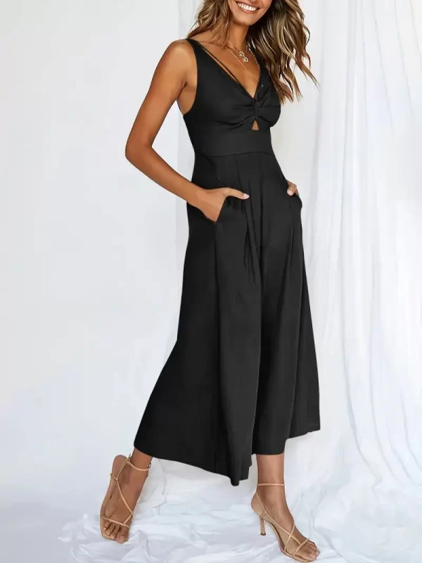 Macacão de cintura alta com decote em v feminino, sem costas, oco, sem mangas, elegante, perna larga, sexy, novo. - Image 8