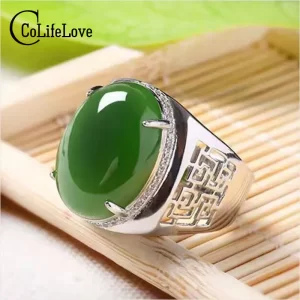 Anel masculino de jade verde estilo chinês, 12*16mm, anel de prata 925 vintage com pedras preciosas, luxuoso, de prata luxuoso