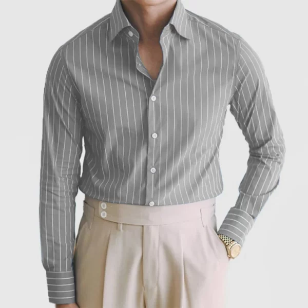 Camisa masculina de lapela de manga longa listrada, streetwear monocromático, casual, primavera, outono, nova. - Image 3