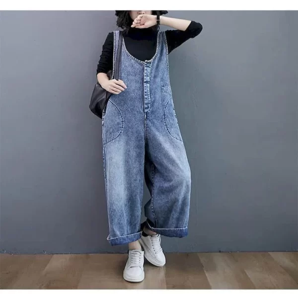 Macacão jeans grandes feminino,  sólidos, cintura alta, calças de perna larga, solto, roupa de uma peça, verão. - Image 2