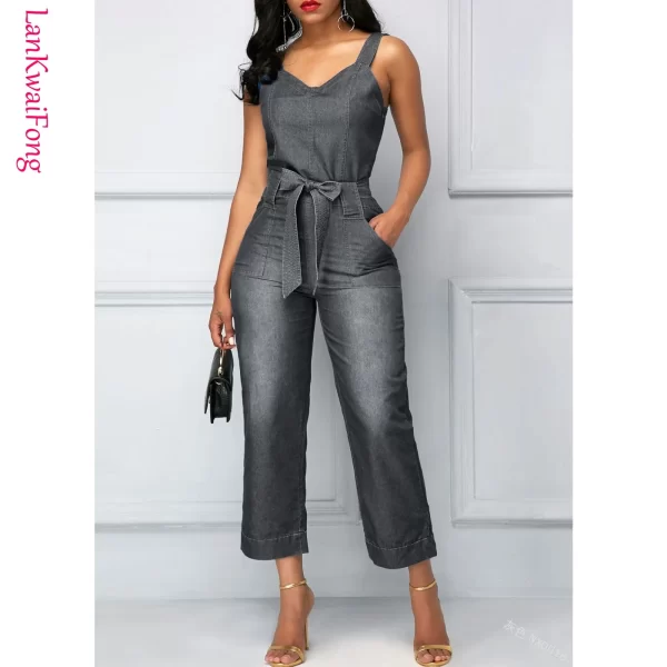 Macacão jeans feminino, slim fit, fosco, cinto branco, reto, pendulares, moda casual. - Image 3