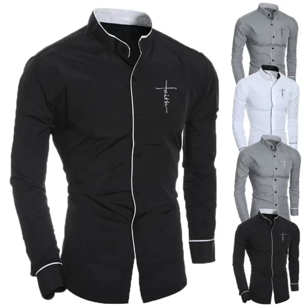 Camisa masculina, manga longa,  casual solta de gola alta,  vintage, moda simples, blusa de fundo com todos os fósforos, primavera, outono - Image 5