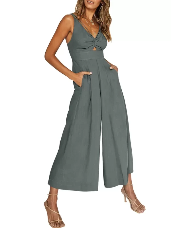 Macacão de cintura alta com decote em v feminino, sem costas, oco, sem mangas, elegante, perna larga, sexy, novo. - Image 10