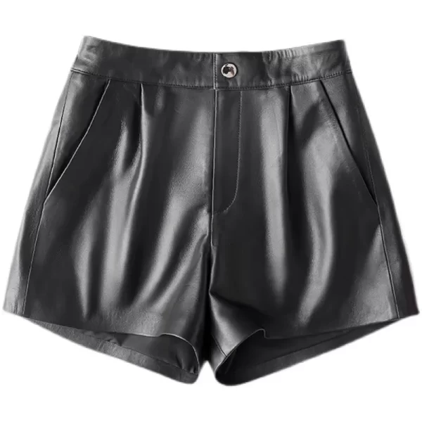 Shorts feminino de couro genuíno, pele de carneiro, cintura alta, perna larga, elástico, casual, preto, moda primavera - Image 7