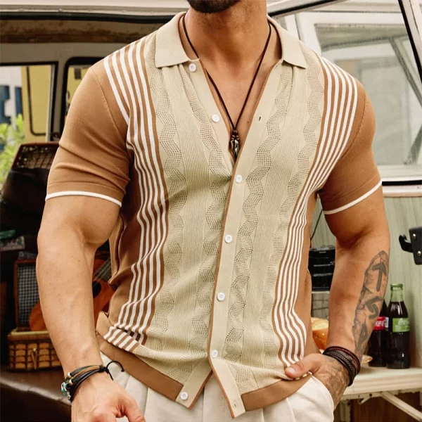Camisa masculina, manga curta,  casual de malha fina de seda gelo, retalho listrado malha camisas, lapela abotoada vintage, moda, verão. - Image 2