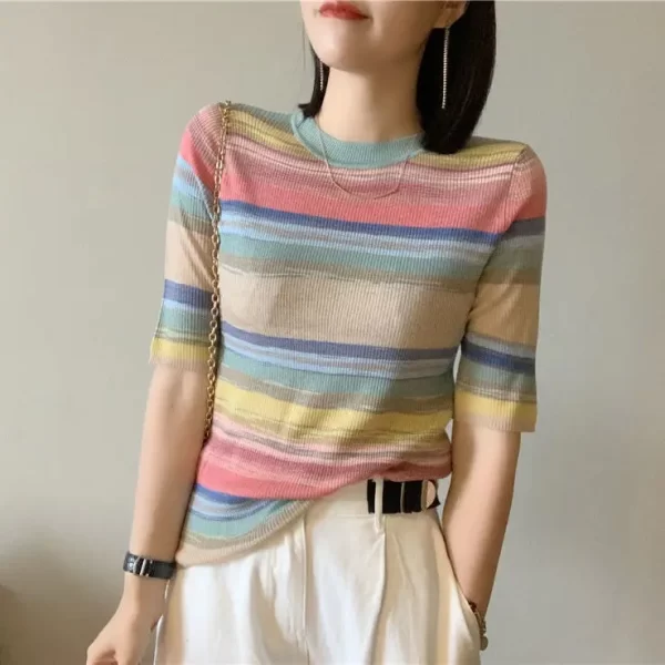 Camiseta, Pulôver de malha listrada feminino, camisola moderna, tops de crochê, em promoção, tendência, novo. - Image 11