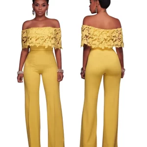 Macacão casual feminino, com renda amarela para verão.