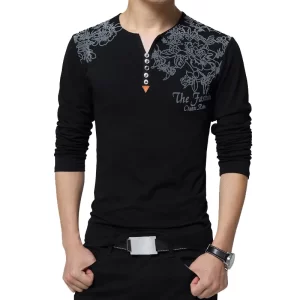 Camiseta manga longa masculina, com estampa floral, colar Henry, botão decora, tops masculinos, plus size, 5XL, moda outono.