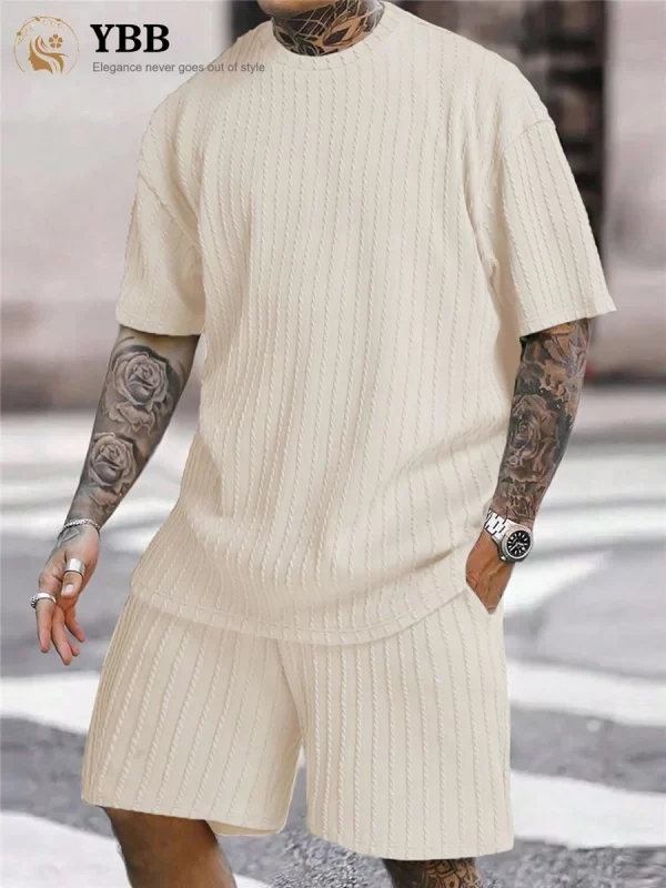 Conjunto de camiseta e shorts de manga curta masculino, listra sólida, casuais de ginástica, streetwear, nova moda, primavera, verão, 2 peças. - Image 2
