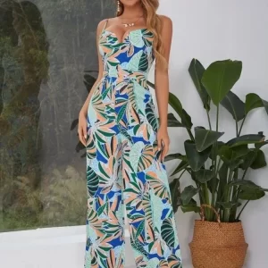 Macacão feminino, D & M, de cami com estampa tropical,  sem costas,  social feminino elegante, marca Traf.