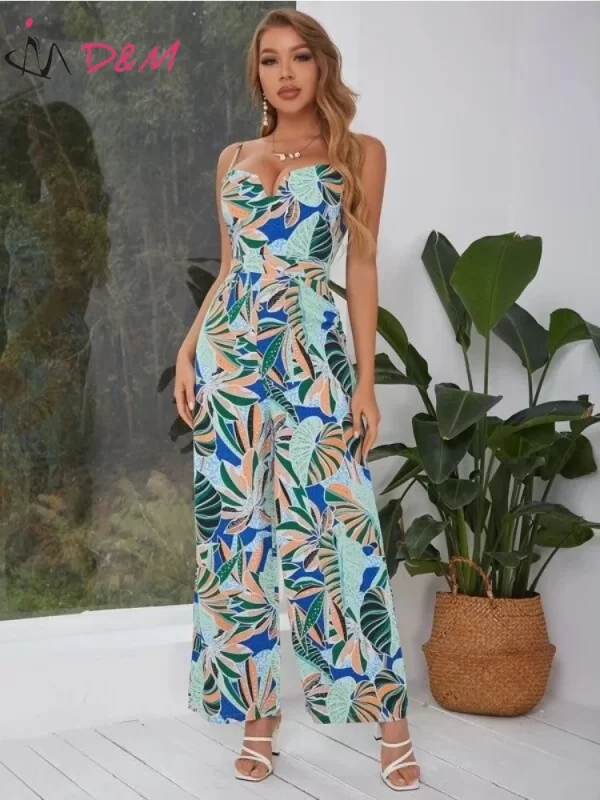 Macacão feminino, D & M, de cami com estampa tropical,  sem costas,  social feminino elegante, marca Traf.