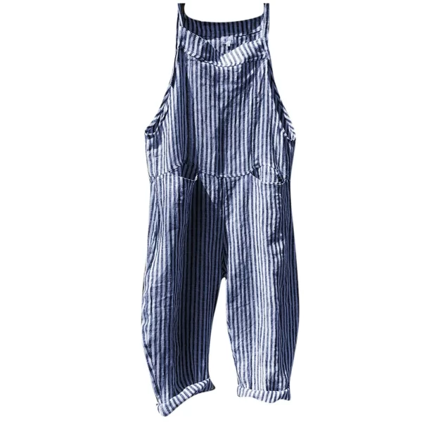 Macacão Listrado impressão Casual feminino, Perna larga Big Pocket Verão, sem mangas, Tornozelo Comprimento geral Streetwear Combinaison. - Image 8