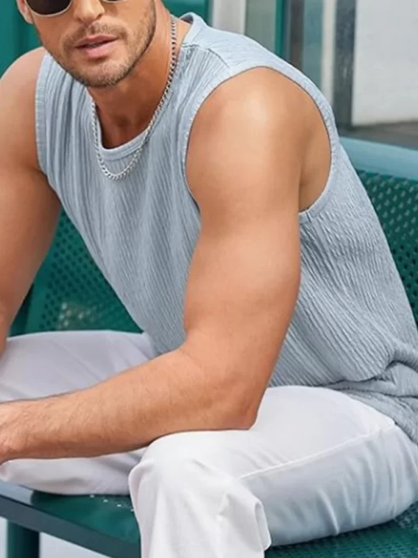 Camiseta regata masculino de malha sem mangas gola O, cor pura, de malha fina, respirável, roupa casual, roupas esportivas, fitness, novo, verão.