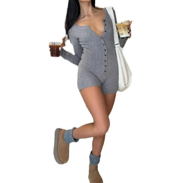 Macacão elástico de malha com gola redonda feminino, top manga comprida, cintura esportiva, emagrecedor, casual, primavera e outono. - Image 5