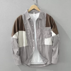 Camisa masculina, manga longa, listrada, algodão puro, roupas de grife casual, moda extra grande.