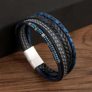 Pulseira masculina frisada de couro multicamadas, jóias clássicas, nova moda, 19 cm, 21 cm, 23cm.