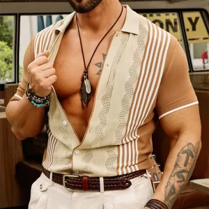 Camisa masculina, manga curta,  casual de malha fina de seda gelo, retalho listrado malha camisas, lapela abotoada vintage, moda, verão.