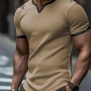 Camiseta de manga curta vintage masculina com decote V, pulôver solto casual, roupa esportiva de cor sólida, moda primavera-verão.