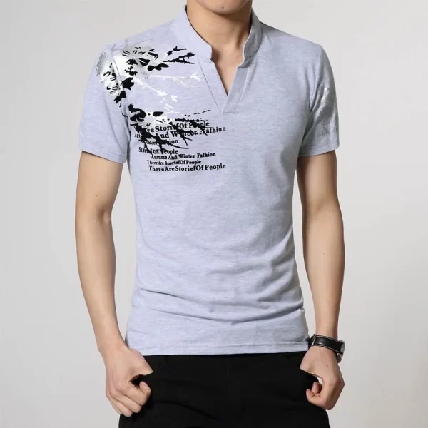 Camiseta masculina, carta, estampada, com gola Henry, mangas curtas, tops retos soltos, camisetas plus size, verão, M-5XL. - Image 3